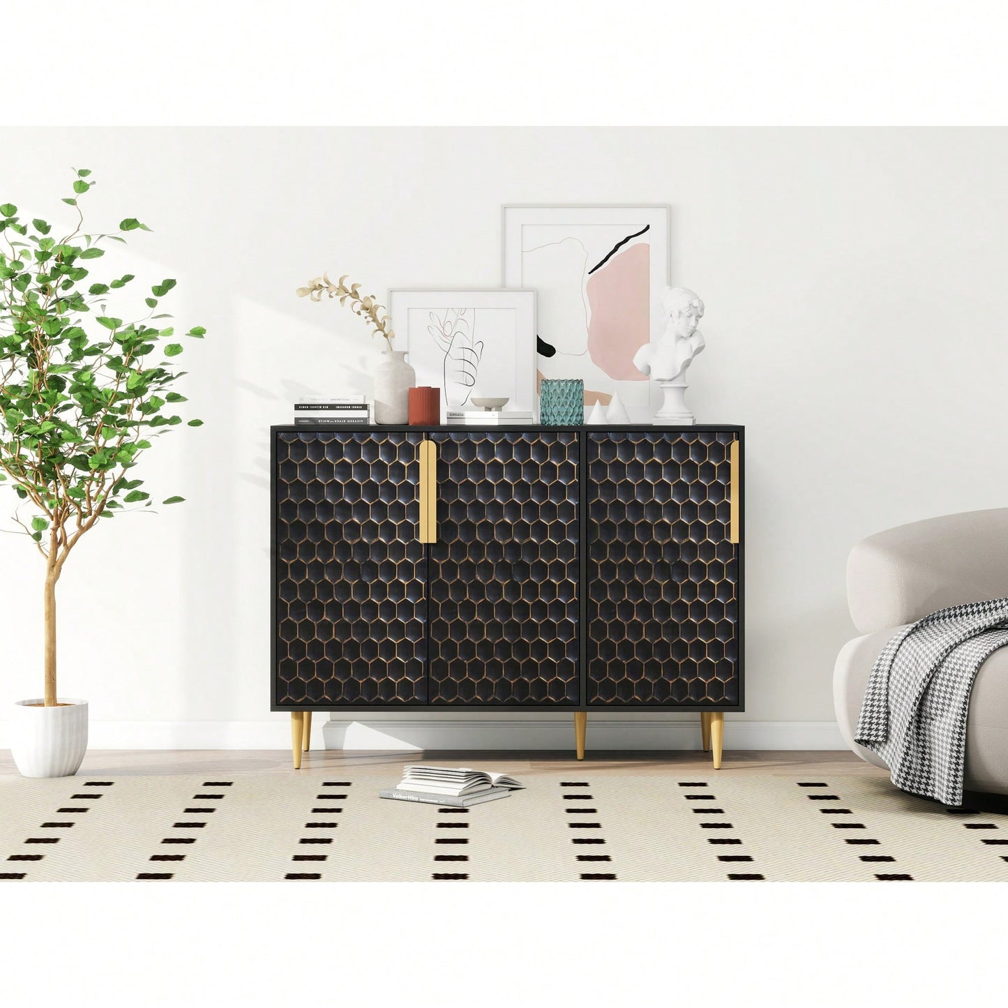 Stylish 3 Door Storage Cabinet With Adjustable Shelves And Hexagon Pattern Metal Doors For Living Room Dining Room Kitchen And Entrance