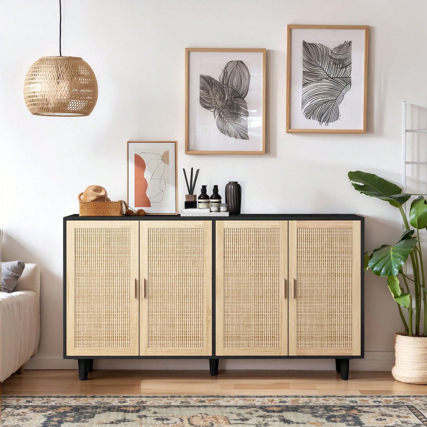 Elegant 4-Door Rattan Storage Cabinet For Bedroom Living Room Office Easy Assembly