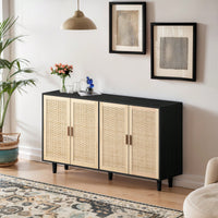 Elegant 4-Door Rattan Storage Cabinet For Bedroom Living Room Office Easy Assembly