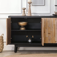 Natural Wood 4-Door Storage Cabinet With Textured Geometric Design For Stylish Organization