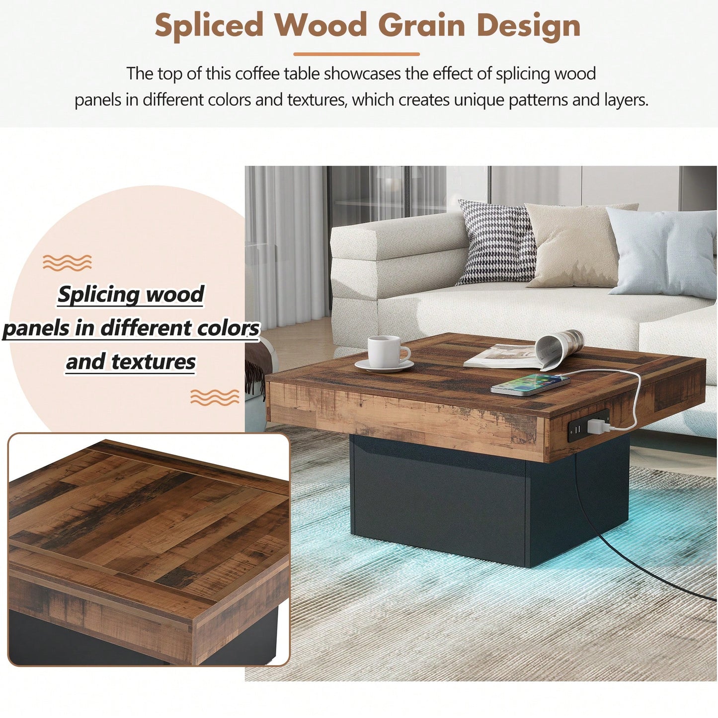 Rustic Farmhouse Coffee Table With USB Ports And Outlets, Brown Wood Grain Center Table With LED Light, Charging Station For Living Room