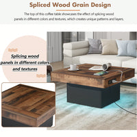 Rustic Farmhouse Coffee Table With USB Ports And Outlets, Brown Wood Grain Center Table With LED Light, Charging Station For Living Room