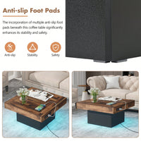 Rustic Farmhouse Coffee Table With USB Ports And Outlets, Brown Wood Grain Center Table With LED Light, Charging Station For Living Room