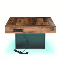 Rustic Farmhouse Coffee Table With USB Ports And Outlets, Brown Wood Grain Center Table With LED Light, Charging Station For Living Room