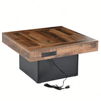 Rustic Farmhouse Coffee Table With USB Ports And Outlets, Brown Wood Grain Center Table With LED Light, Charging Station For Living Room