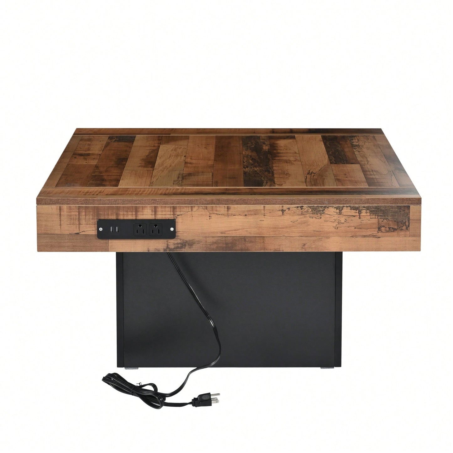 Rustic Farmhouse Coffee Table With USB Ports And Outlets, Brown Wood Grain Center Table With LED Light, Charging Station For Living Room