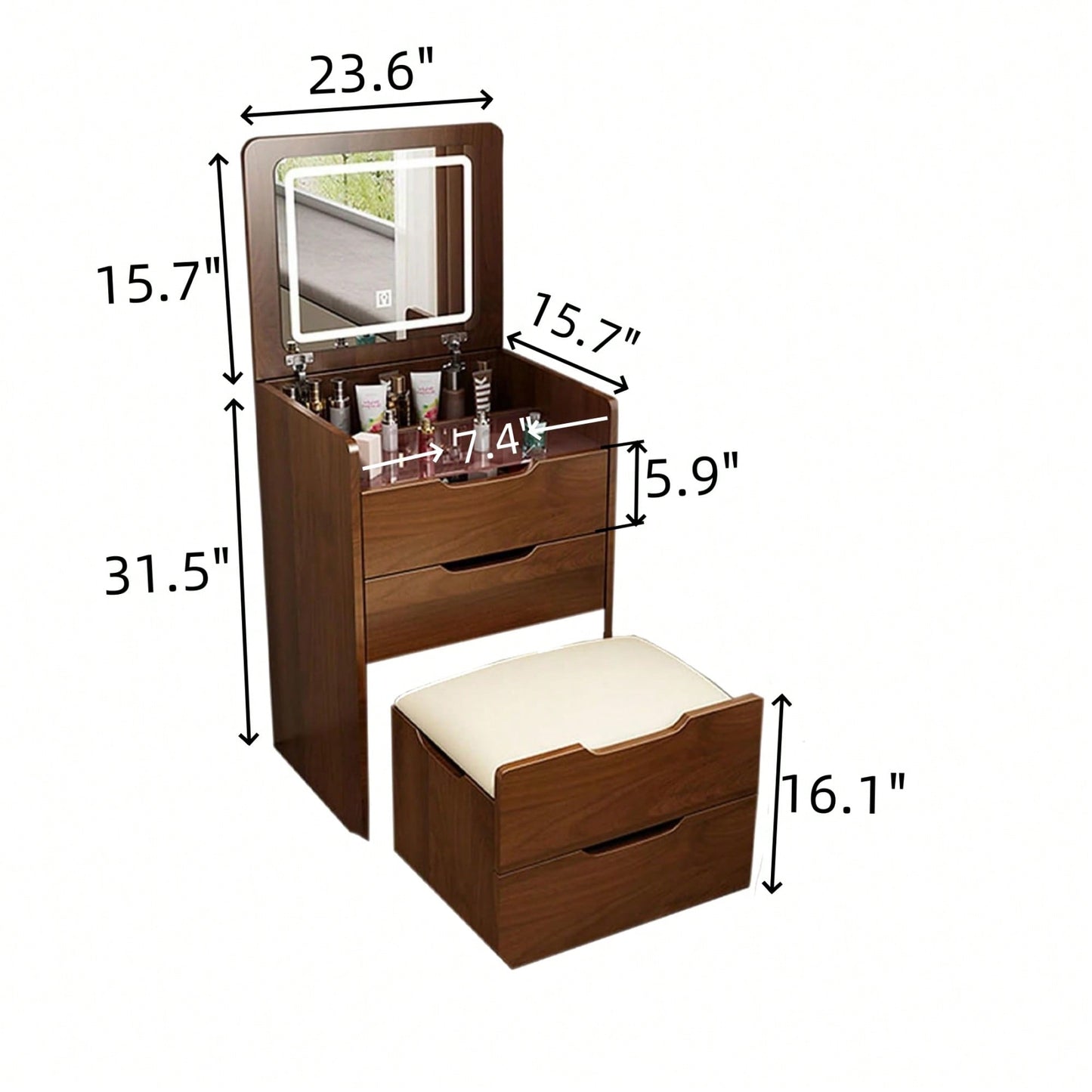 Compact 3 In 1 Vanity Desk With Flip Top Mirror And Glass Desktop, Small Makeup Vanity Set With 3 Drawers And Cushioned Stool For Bedroom