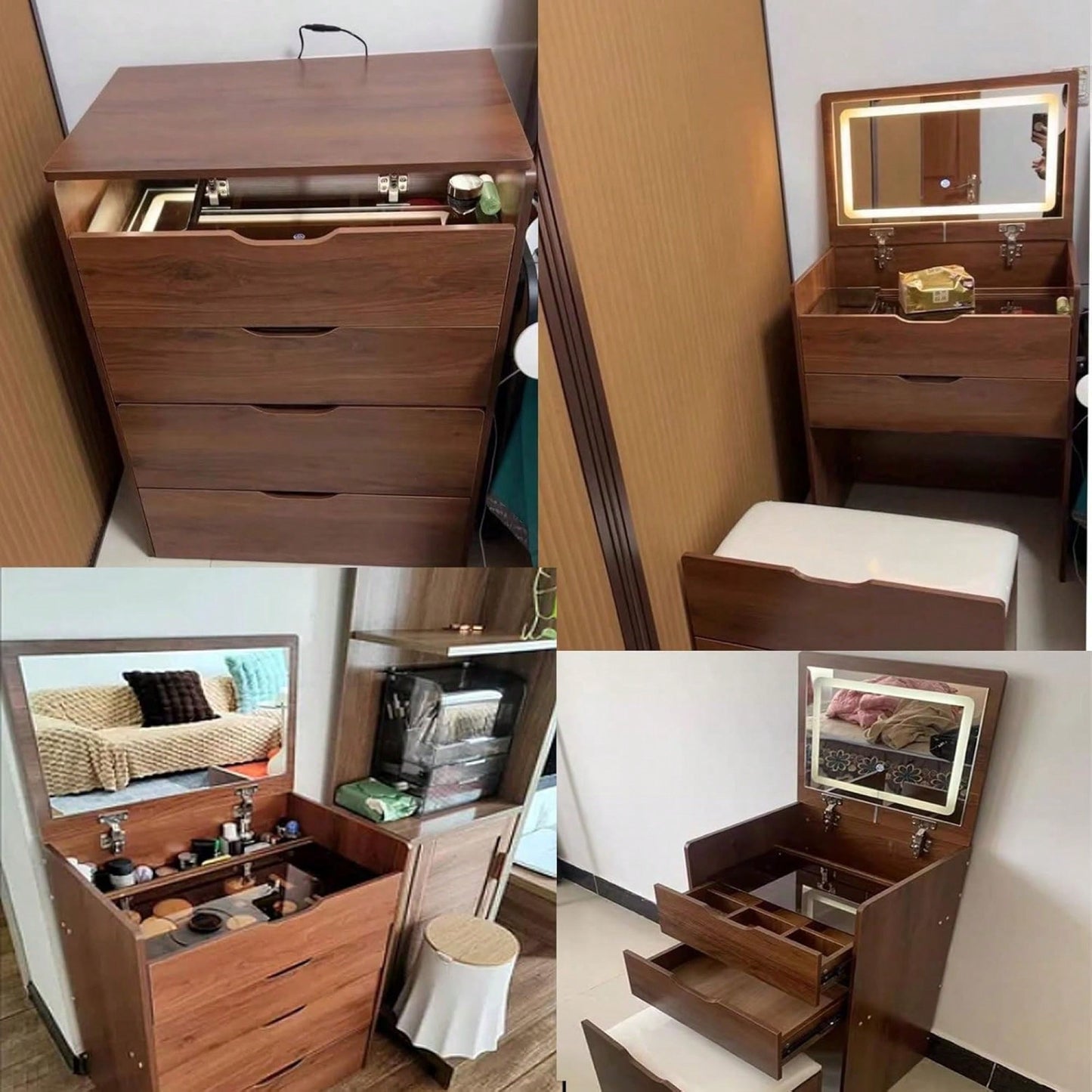 Compact 3 In 1 Vanity Desk With Flip Top Mirror And Glass Desktop, Small Makeup Vanity Set With 3 Drawers And Cushioned Stool For Bedroom