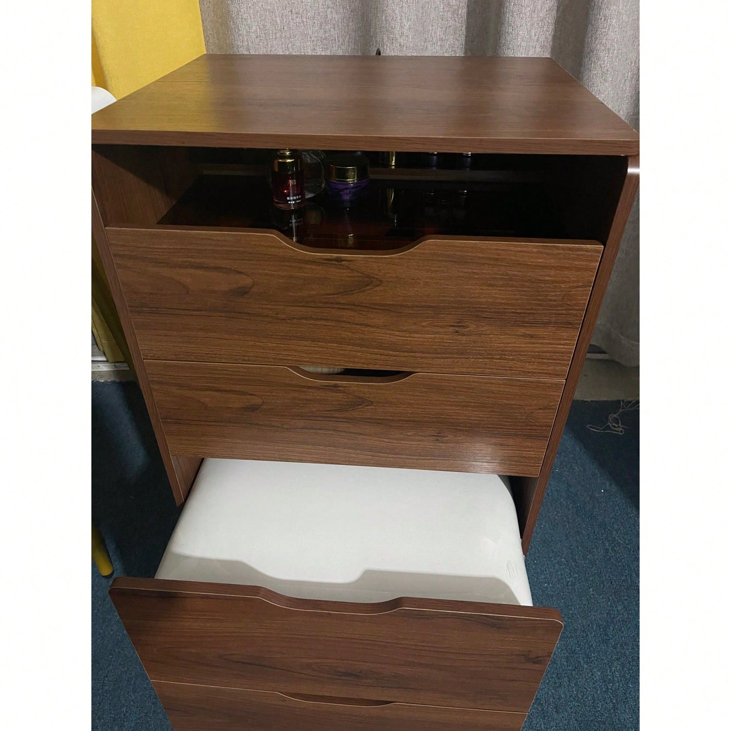 Compact 3 In 1 Vanity Desk With Flip Top Mirror And Glass Desktop, Small Makeup Vanity Set With 3 Drawers And Cushioned Stool For Bedroom