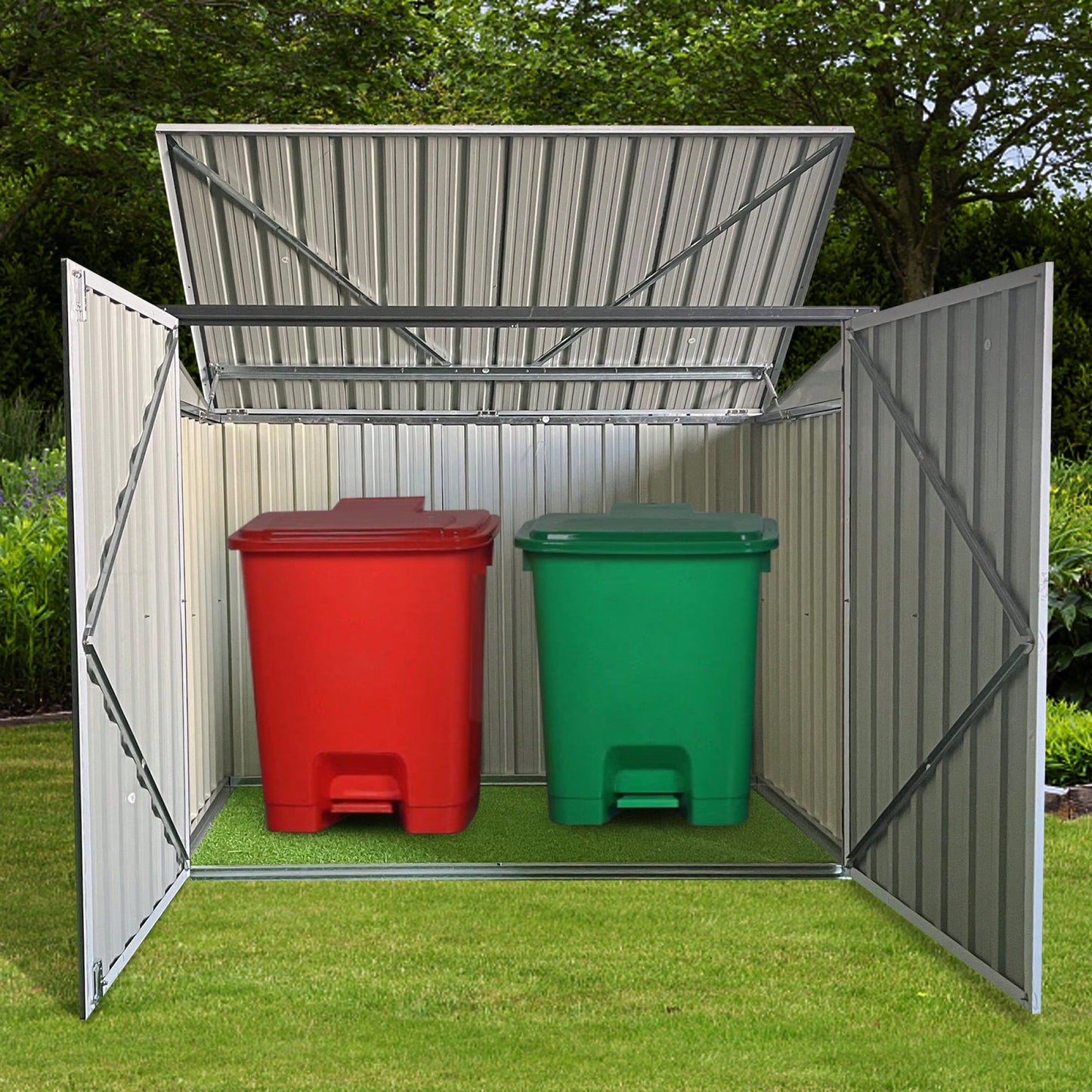 Metal Outdoor Garbage Bin Shed For 2 Trash Cans Grey Storage Solution