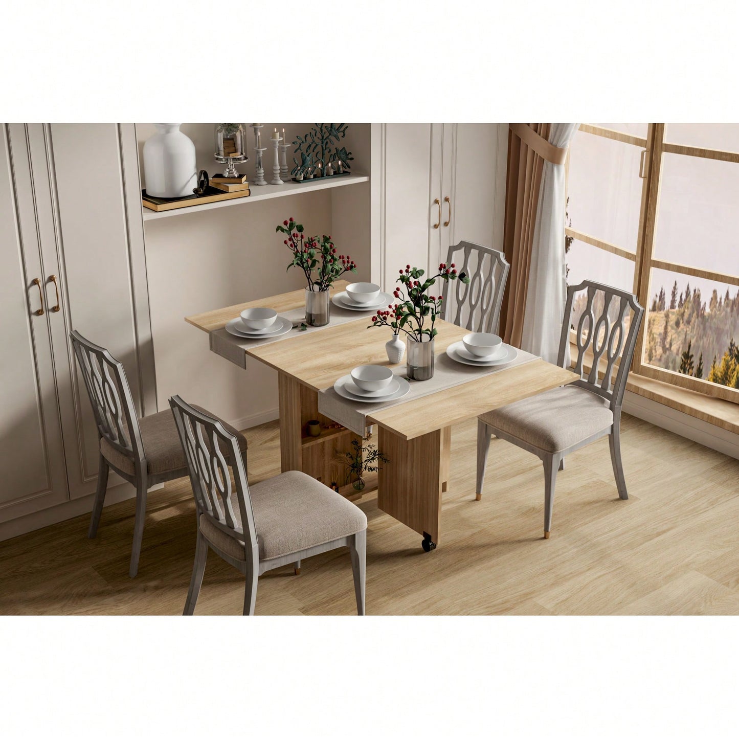 Versatile Folding Dining Table With Wheels And Storage Racks For Space-Saving Kitchen And Dining Room Use In Pear Wood Finish