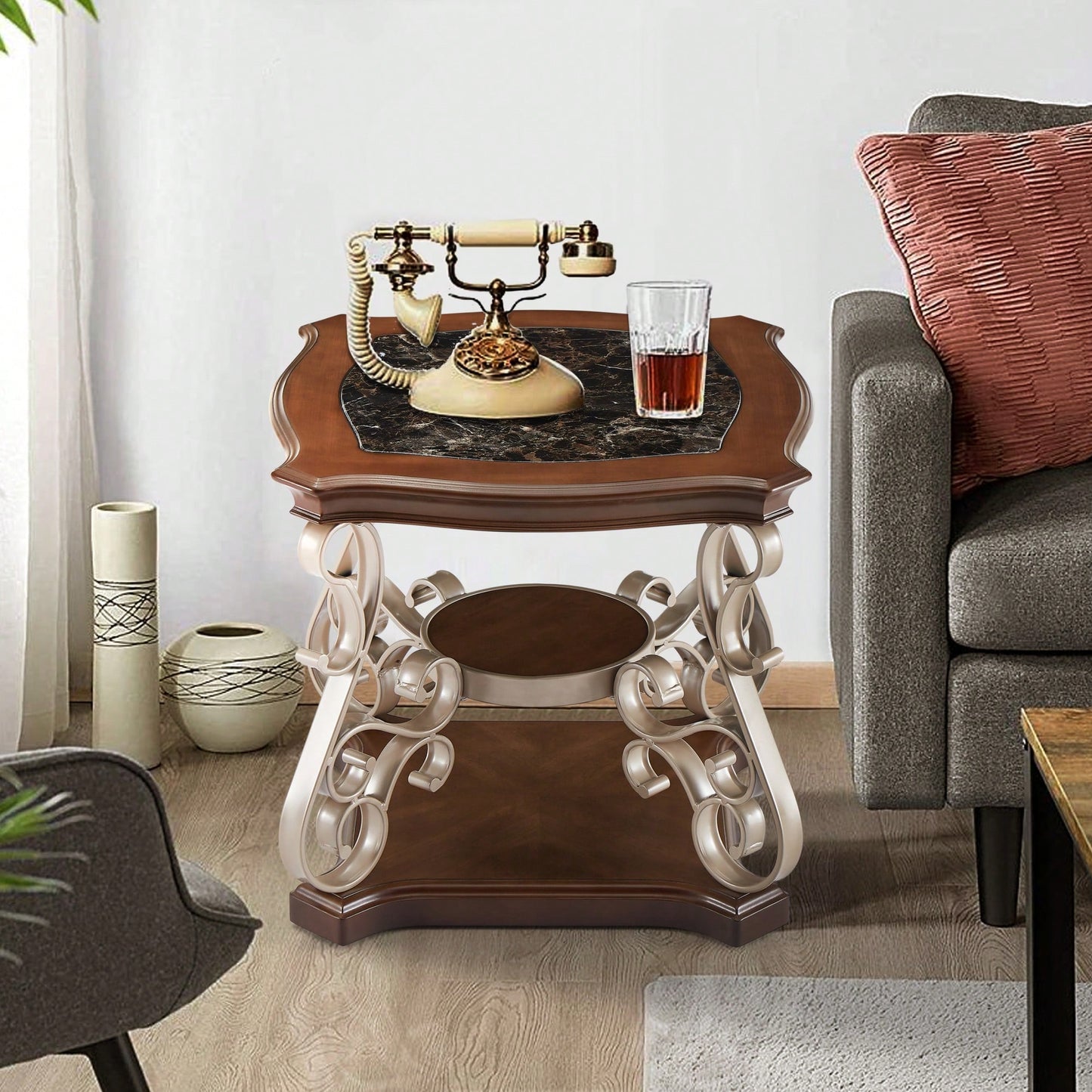 Marble Paper Top End Table With MDF Birch Middle Shelf And Powder Coated Metal Legs