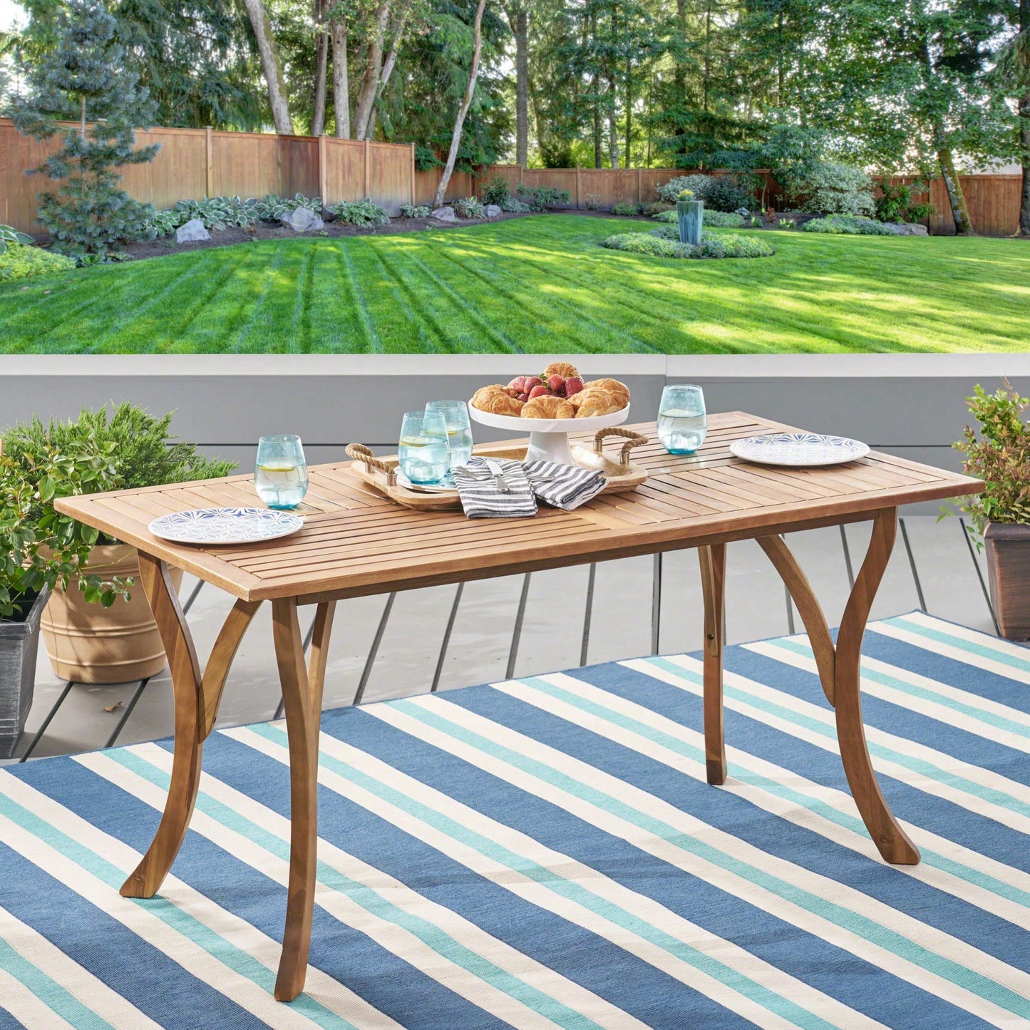 Outdoor 59 Inch Rectangular Solid Wood Dining Table With Teak Finish For Patio And Garden