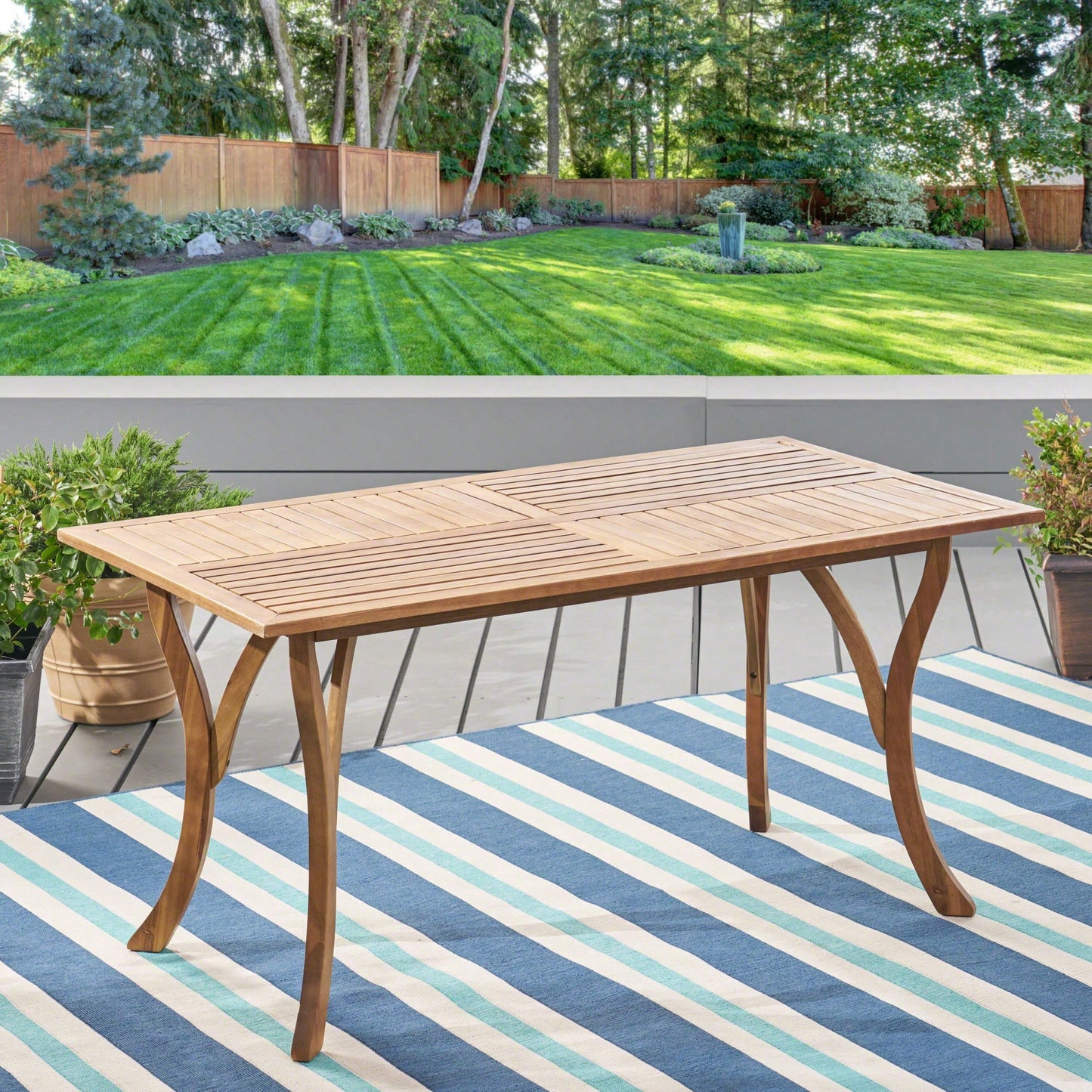 Outdoor 59 Inch Rectangular Solid Wood Dining Table With Teak Finish For Patio And Garden