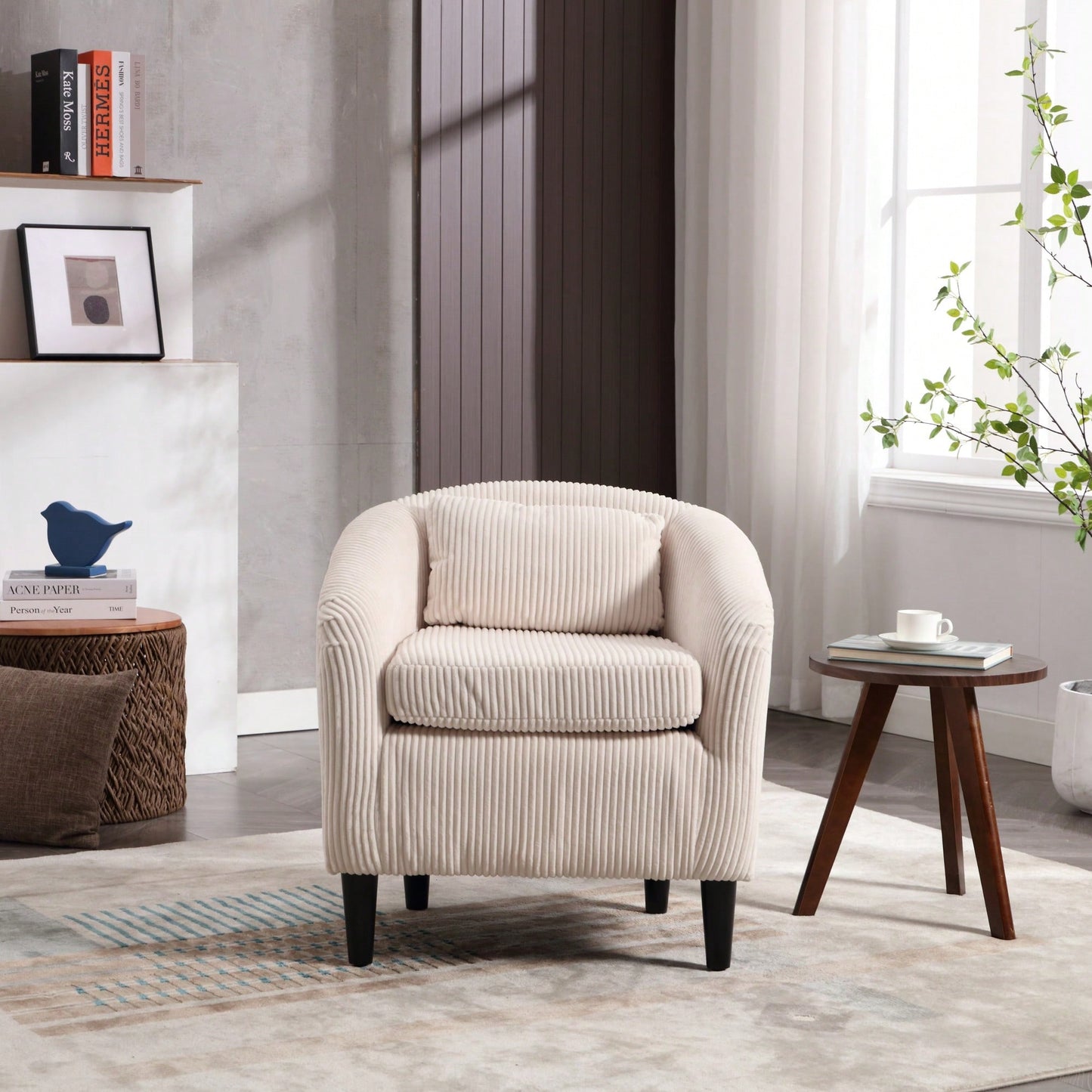 Modern Accent Barrel Chair For Living Room With Thick Cushions And Pillows, Comfy Single Sofa Chair With Wooden Legs In Beige