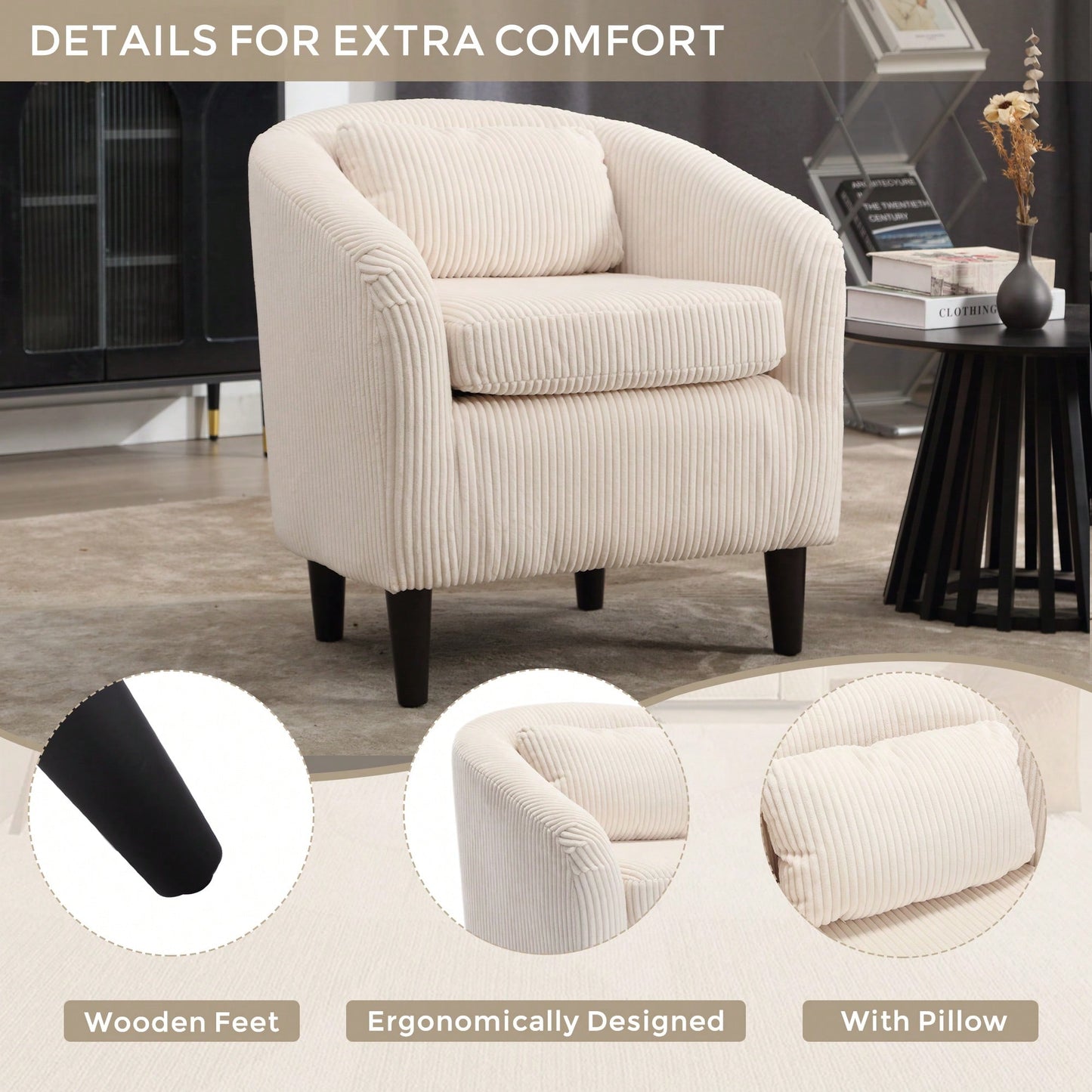 Modern Accent Barrel Chair For Living Room With Thick Cushions And Pillows, Comfy Single Sofa Chair With Wooden Legs In Beige