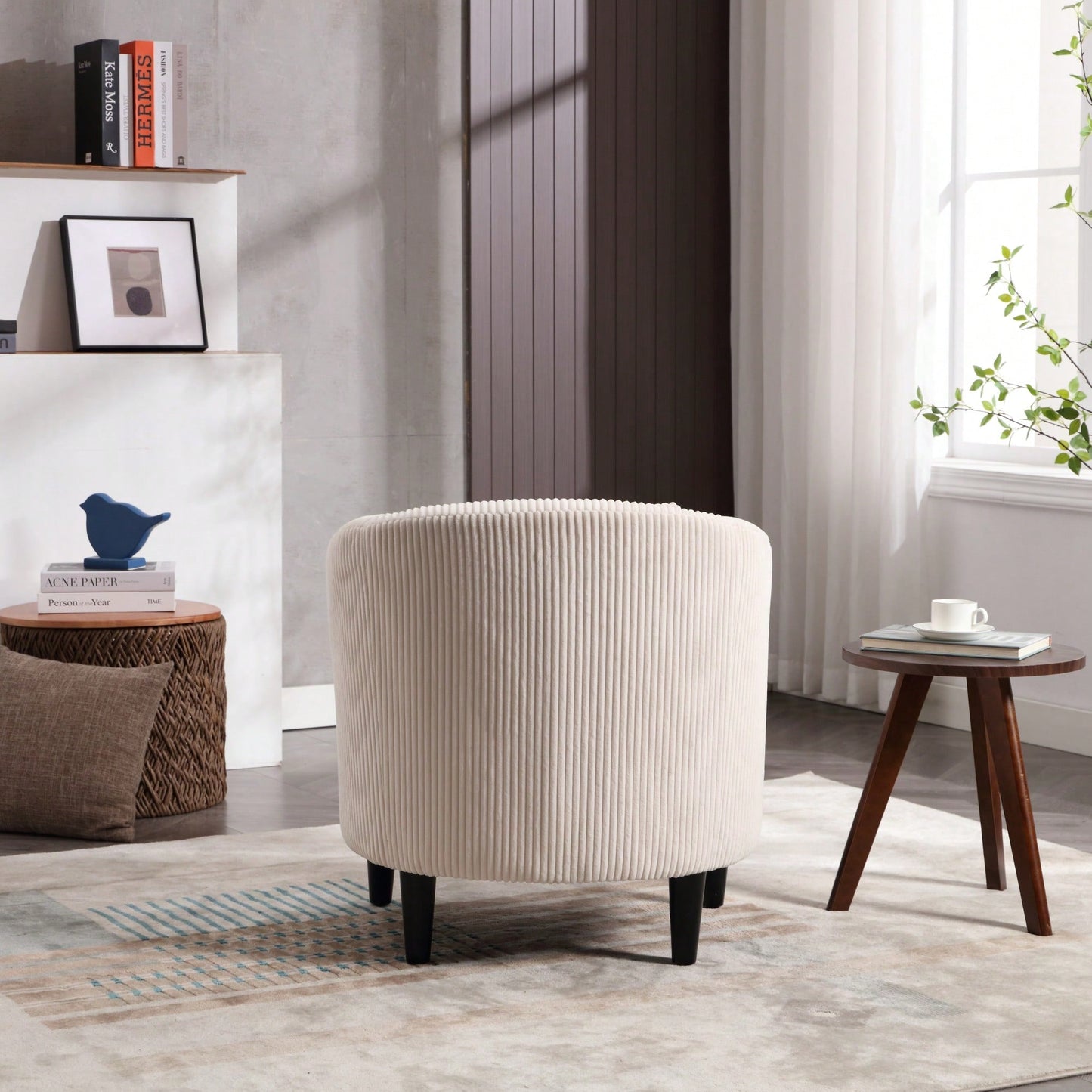 Modern Accent Barrel Chair For Living Room With Thick Cushions And Pillows, Comfy Single Sofa Chair With Wooden Legs In Beige