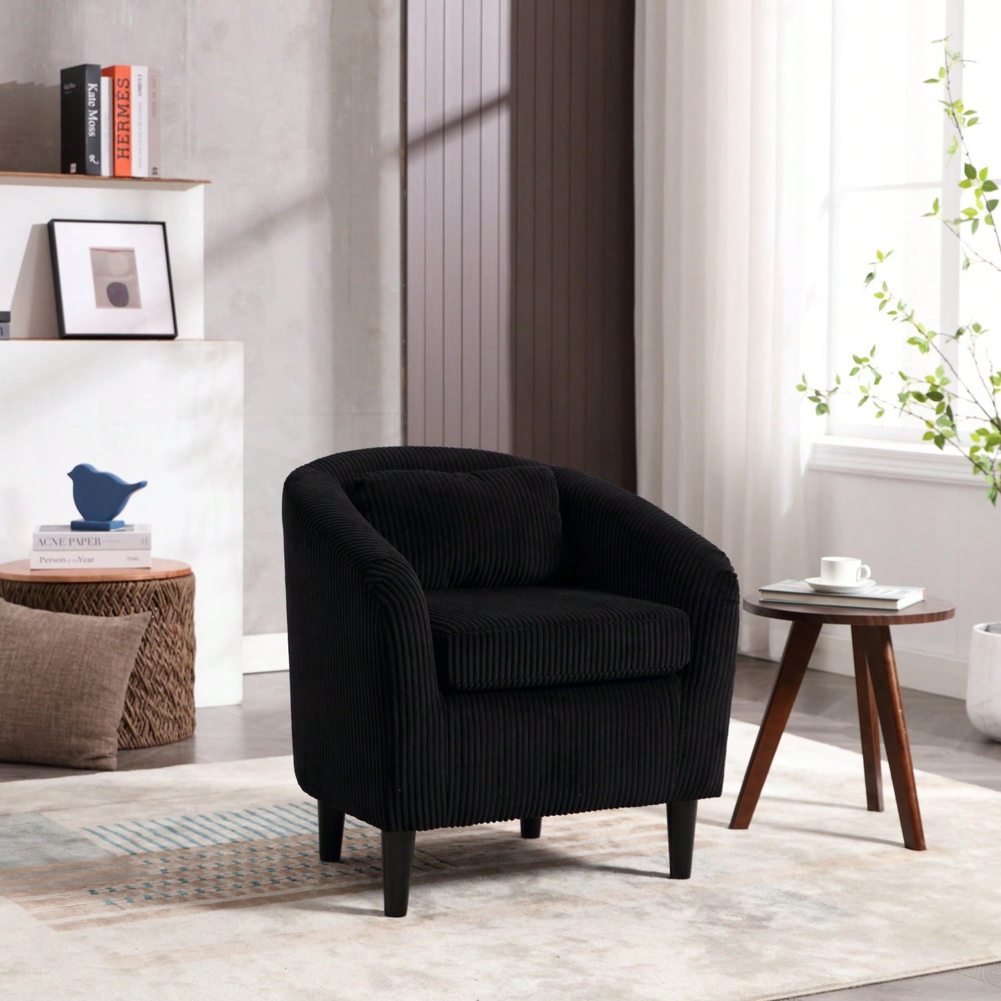 Modern Accent Barrel Chair For Living Room With Thick Cushions And Pillows, Comfy Single Sofa Chair With Wooden Legs In Beige