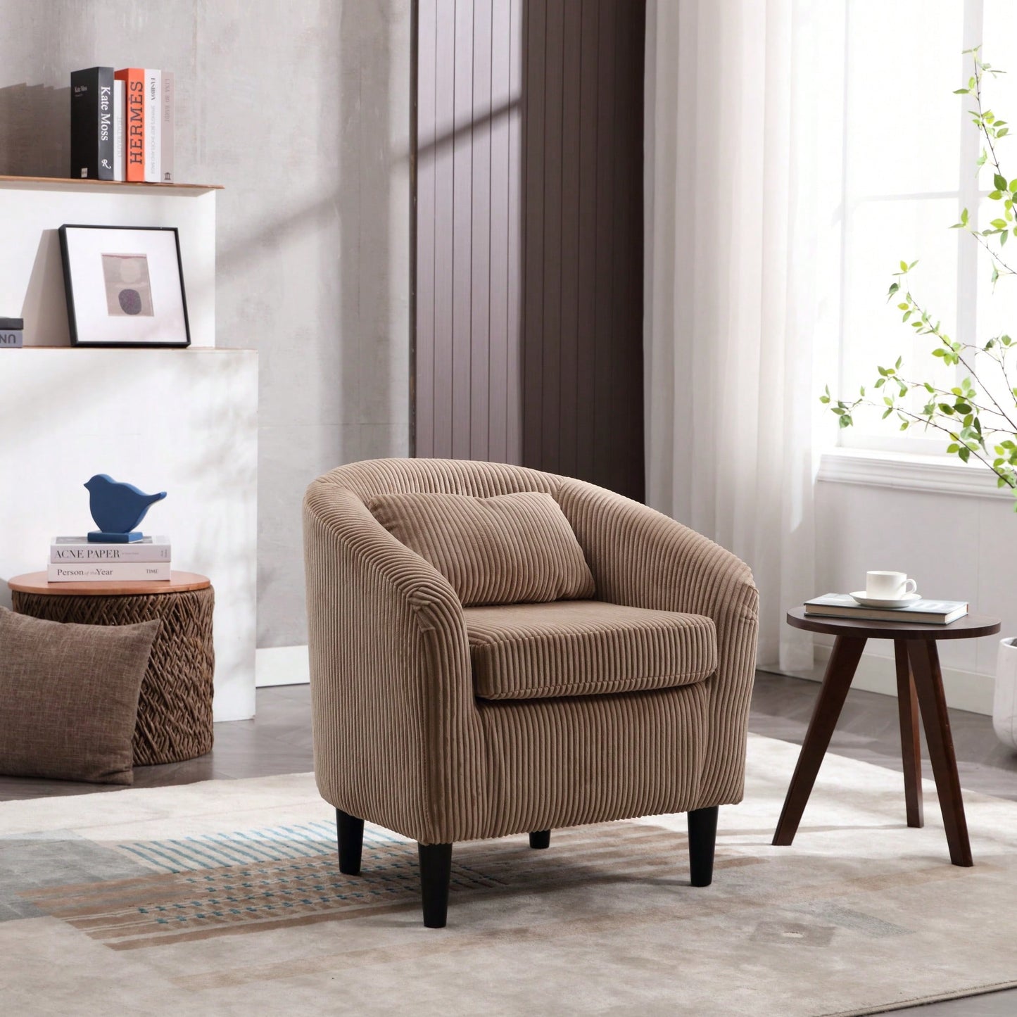 Modern Accent Barrel Chair For Living Room With Thick Cushions And Pillows, Comfy Single Sofa Chair With Wooden Legs In Beige