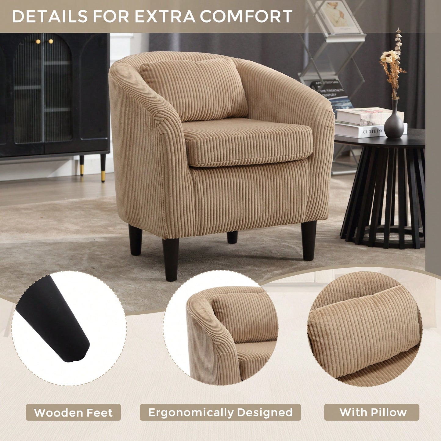 Modern Accent Barrel Chair For Living Room With Thick Cushions And Pillows, Comfy Single Sofa Chair With Wooden Legs In Beige