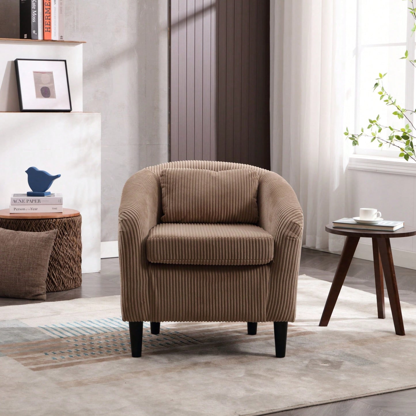 Modern Accent Barrel Chair For Living Room With Thick Cushions And Pillows, Comfy Single Sofa Chair With Wooden Legs In Beige