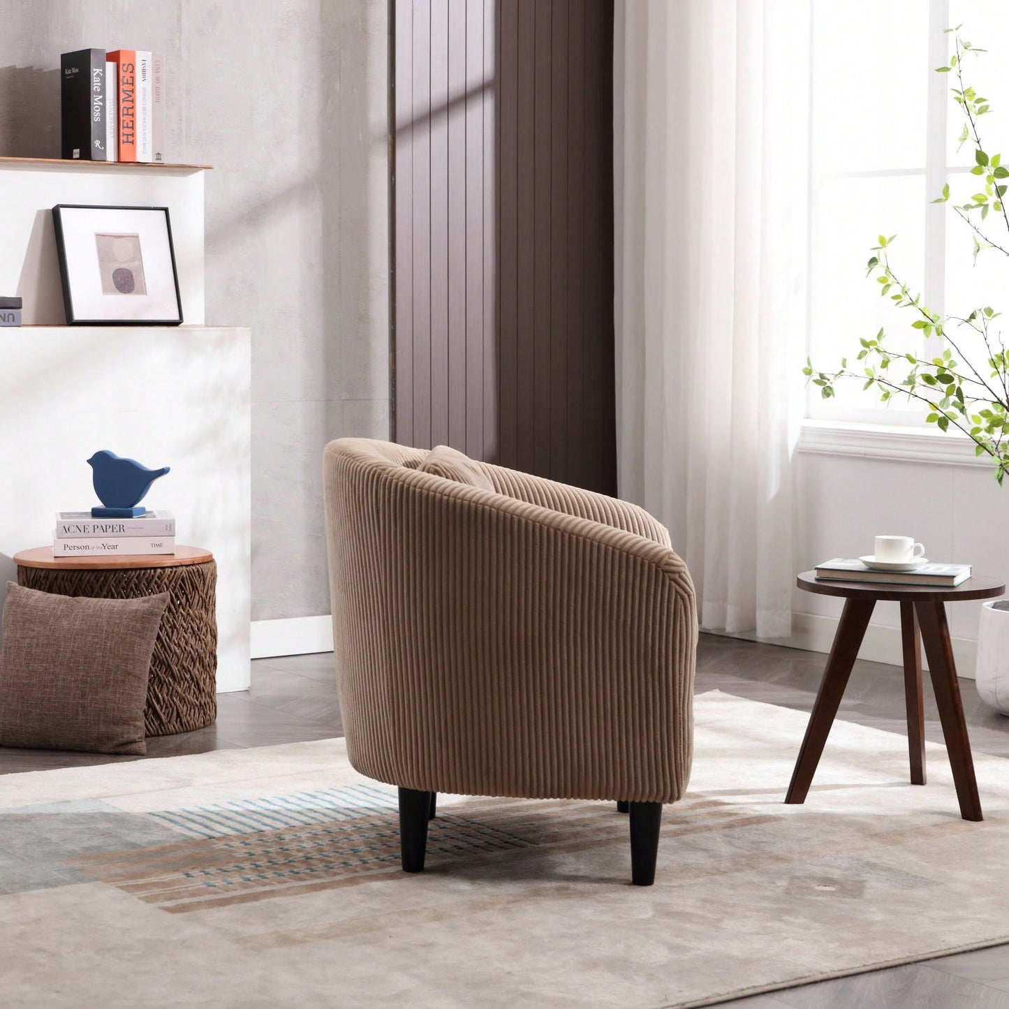 Modern Accent Barrel Chair For Living Room With Thick Cushions And Pillows, Comfy Single Sofa Chair With Wooden Legs In Beige