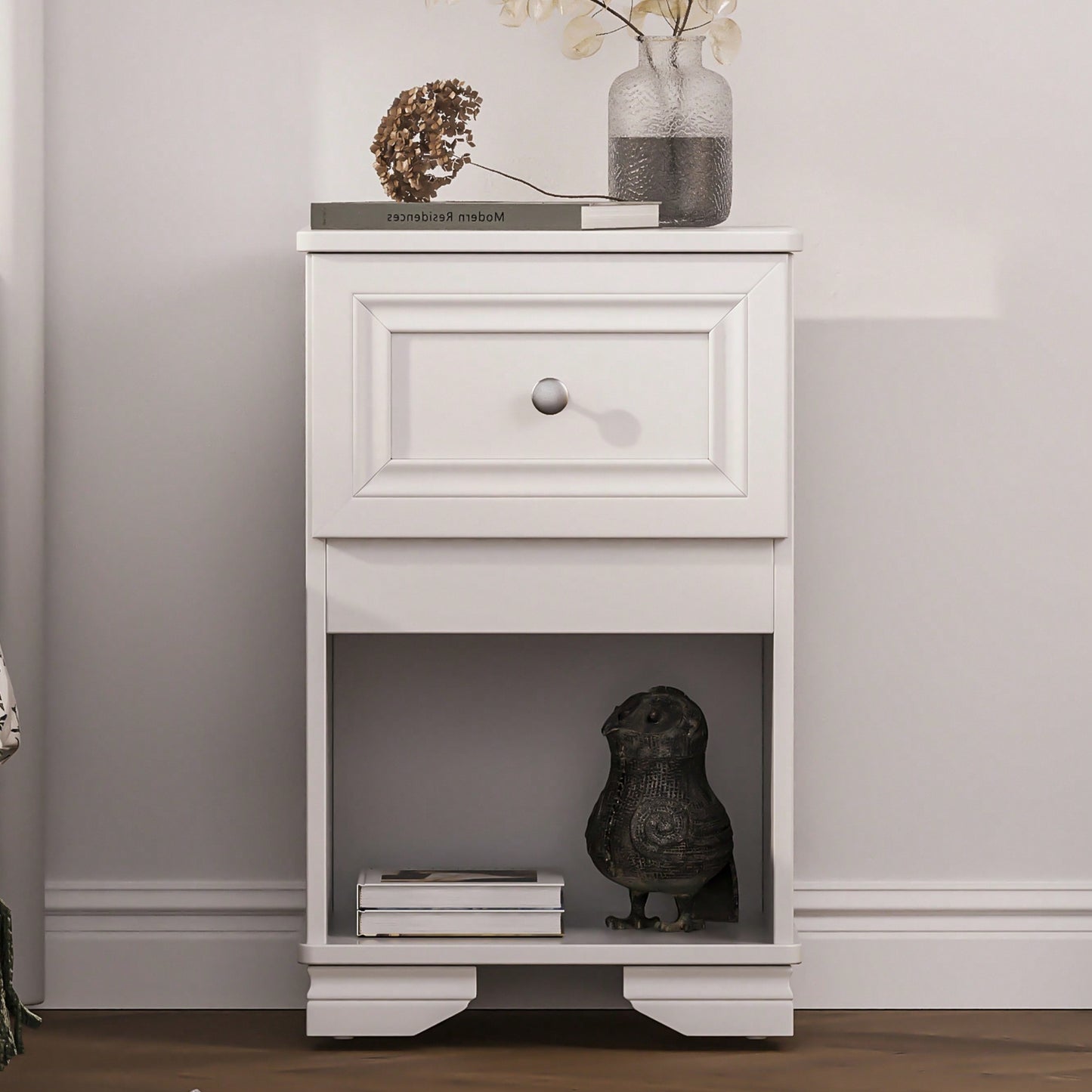 Elegant Retro Nightstand With Drawer And Open Shelf For Bedroom Classic Design In White With Metal Handle