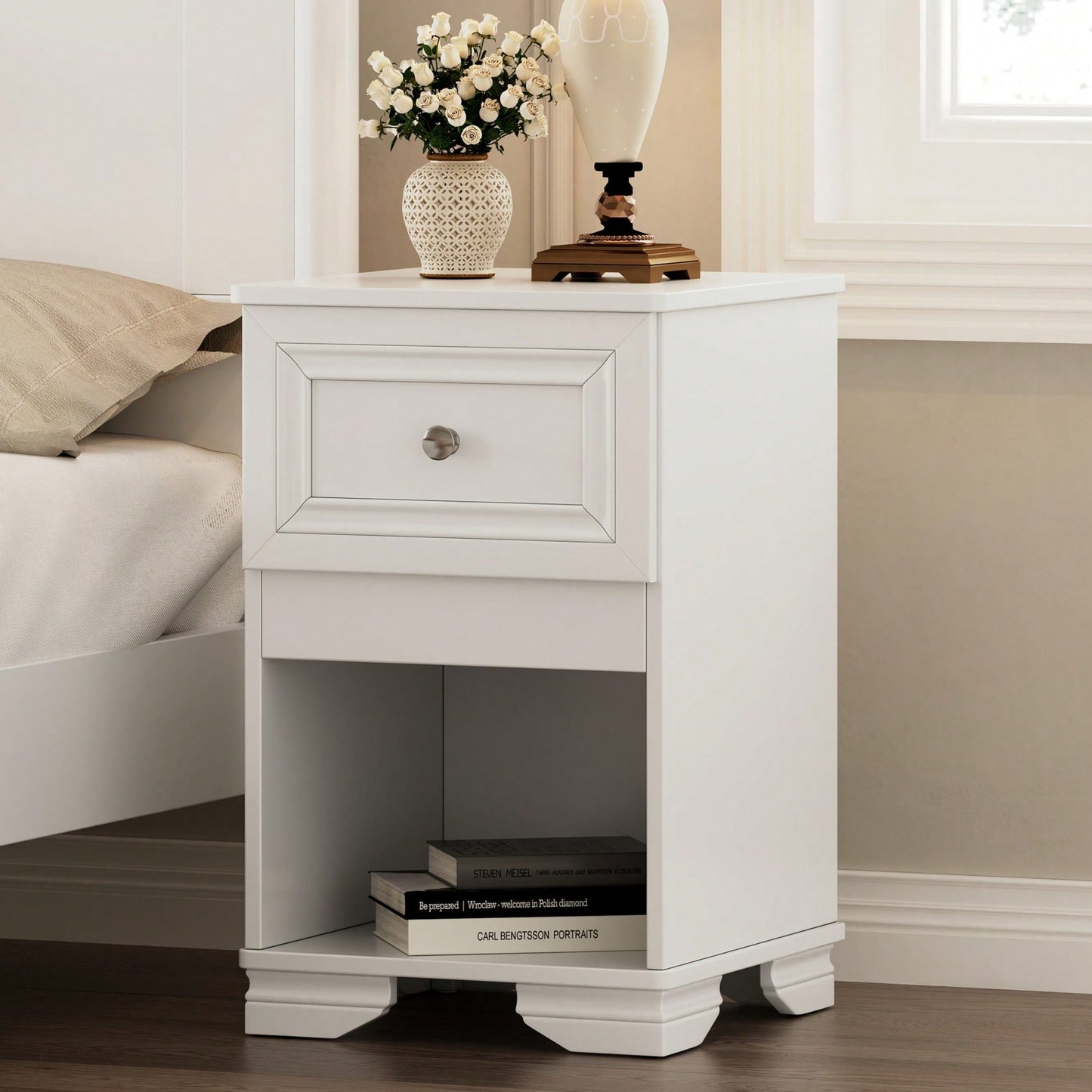 Elegant Retro Nightstand With Drawer And Open Shelf For Bedroom Classic Design In White With Metal Handle