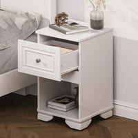 Elegant Retro Nightstand With Drawer And Open Shelf For Bedroom Classic Design In White With Metal Handle