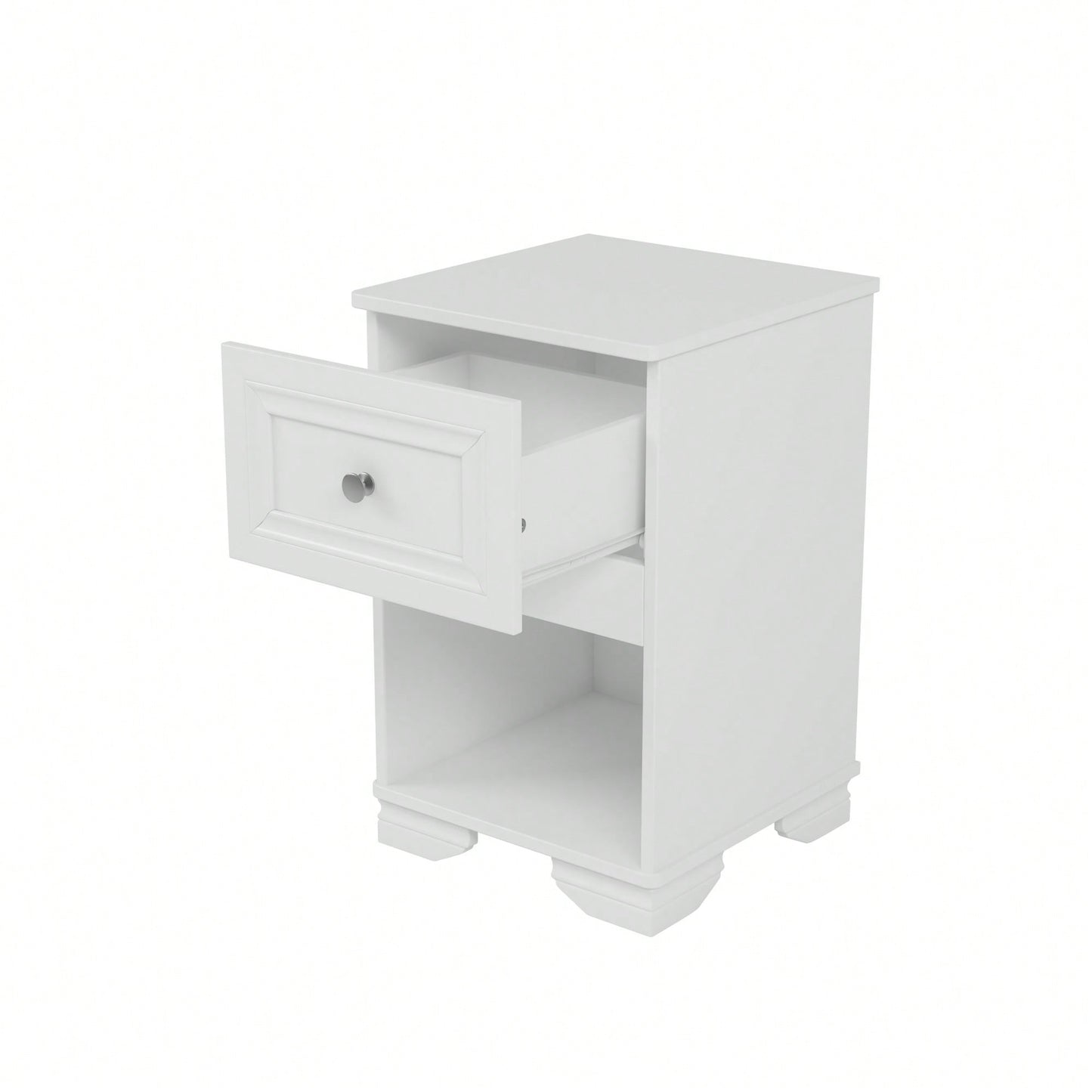 Elegant Retro Nightstand With Drawer And Open Shelf For Bedroom Classic Design In White With Metal Handle