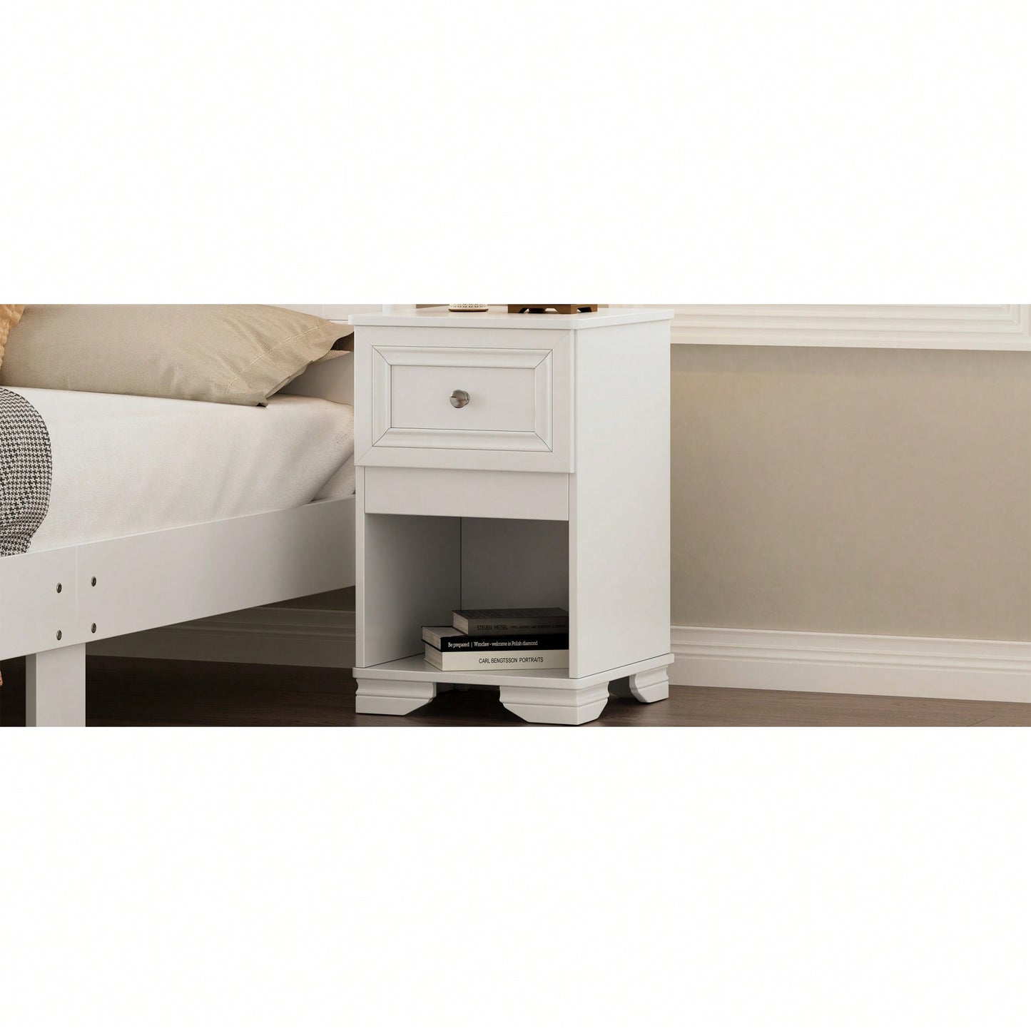 Elegant Retro Nightstand With Drawer And Open Shelf For Bedroom Classic Design In White With Metal Handle