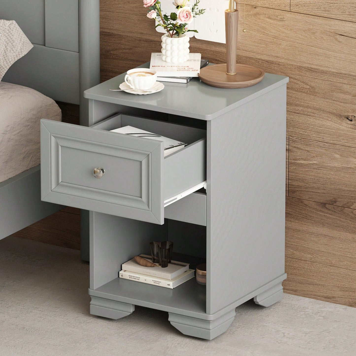 Elegant Retro Nightstand With Drawer And Open Shelf For Bedroom Classic Design In White With Metal Handle