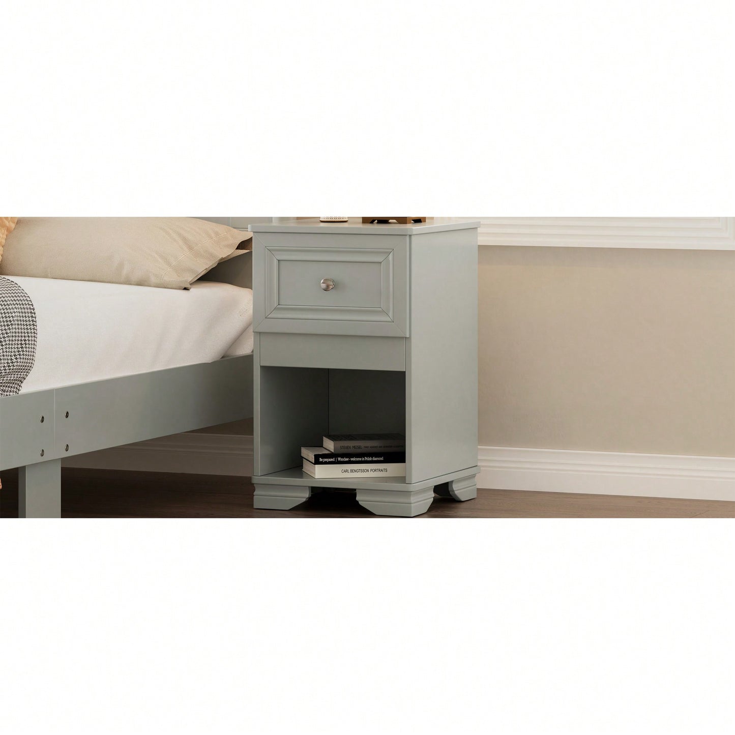 Elegant Retro Nightstand With Drawer And Open Shelf For Bedroom Classic Design In White With Metal Handle