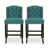 Fabric Tufted Wingback Counter Stools Set Of 2 For Kitchen Or Bar Charcoal And Dark Brown
