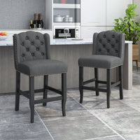Fabric Tufted Wingback Counter Stools Set Of 2 For Kitchen Or Bar Charcoal And Dark Brown