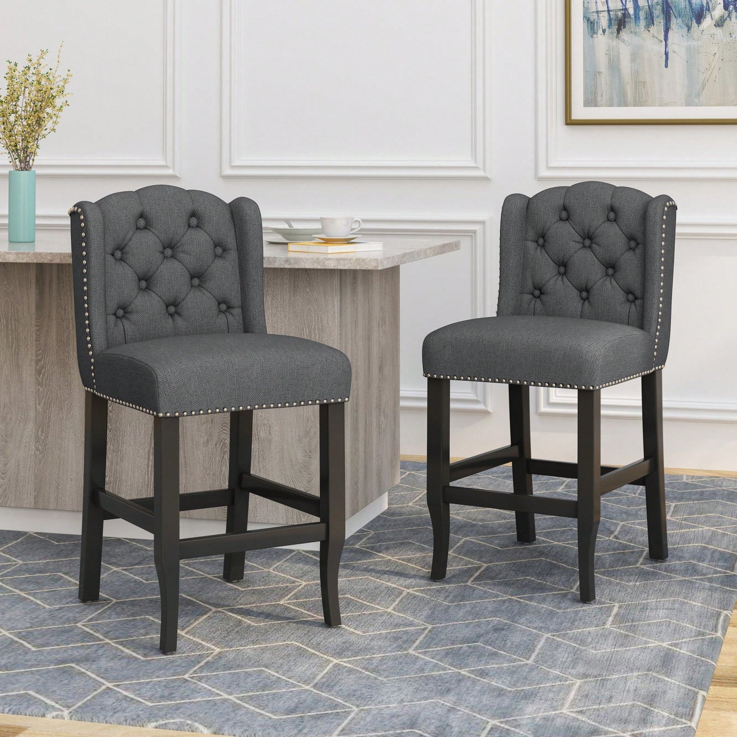 Fabric Tufted Wingback Counter Stools Set Of 2 For Kitchen Or Bar Charcoal And Dark Brown