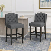 Fabric Tufted Wingback Counter Stools Set Of 2 For Kitchen Or Bar Charcoal And Dark Brown