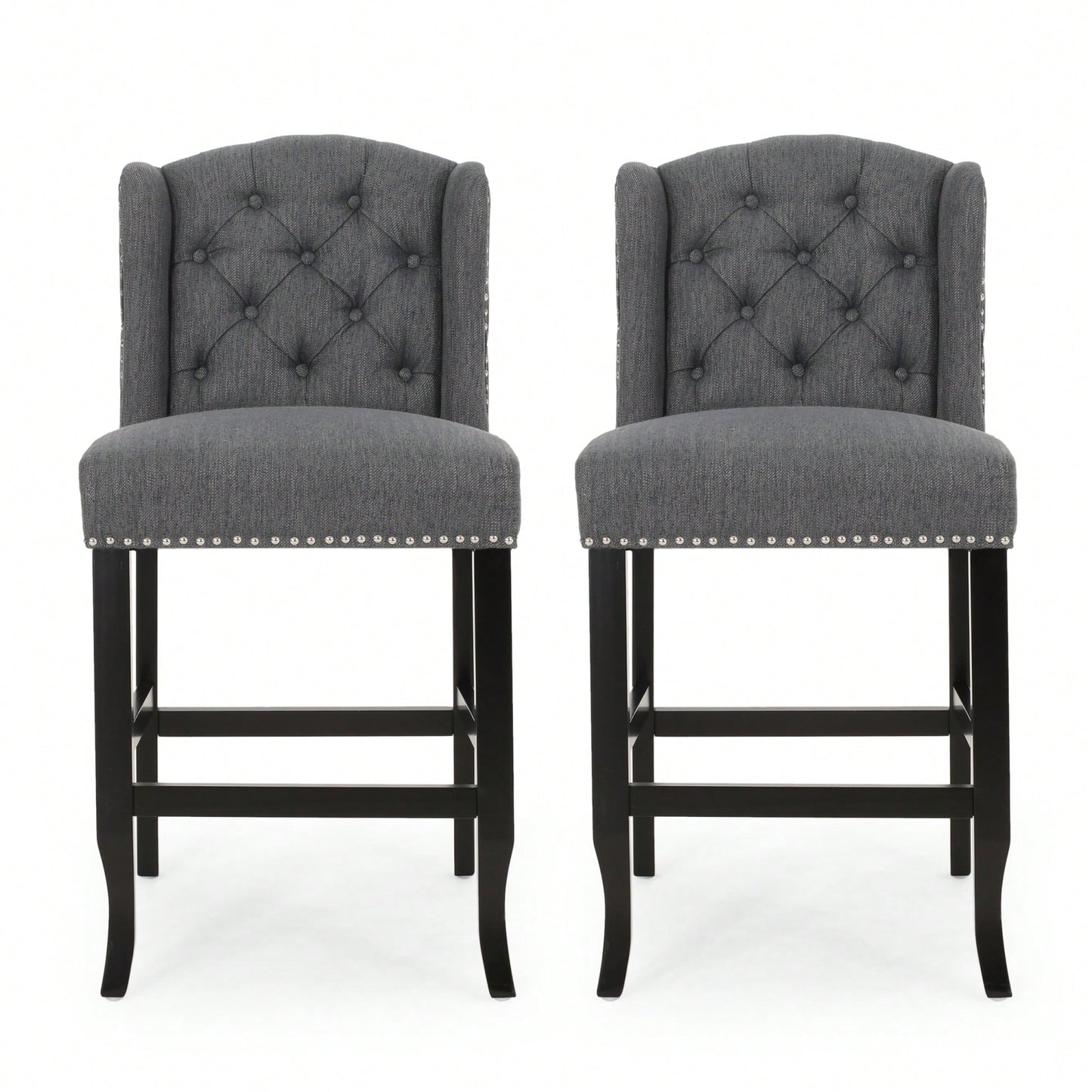 Fabric Tufted Wingback Counter Stools Set Of 2 For Kitchen Or Bar Charcoal And Dark Brown