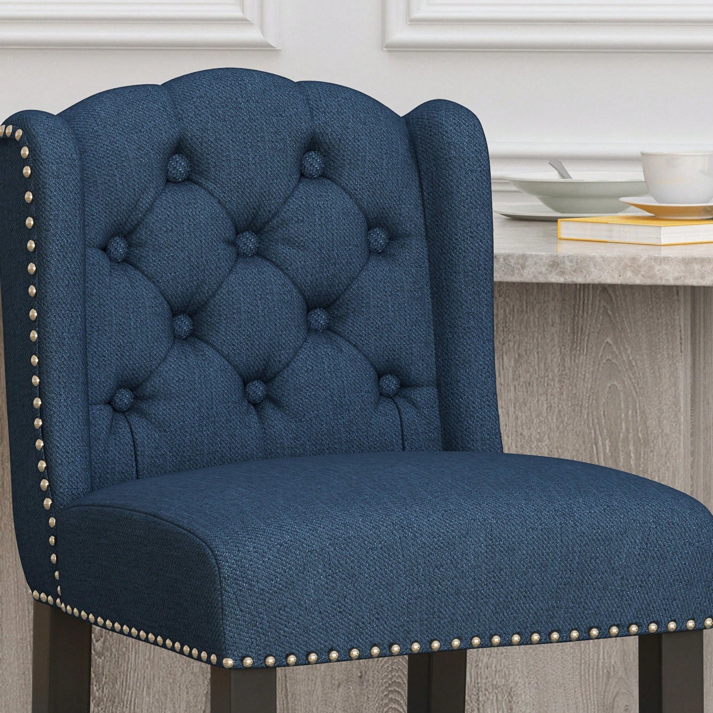 Fabric Tufted Wingback Counter Stools Set Of 2 For Kitchen Or Bar Charcoal And Dark Brown