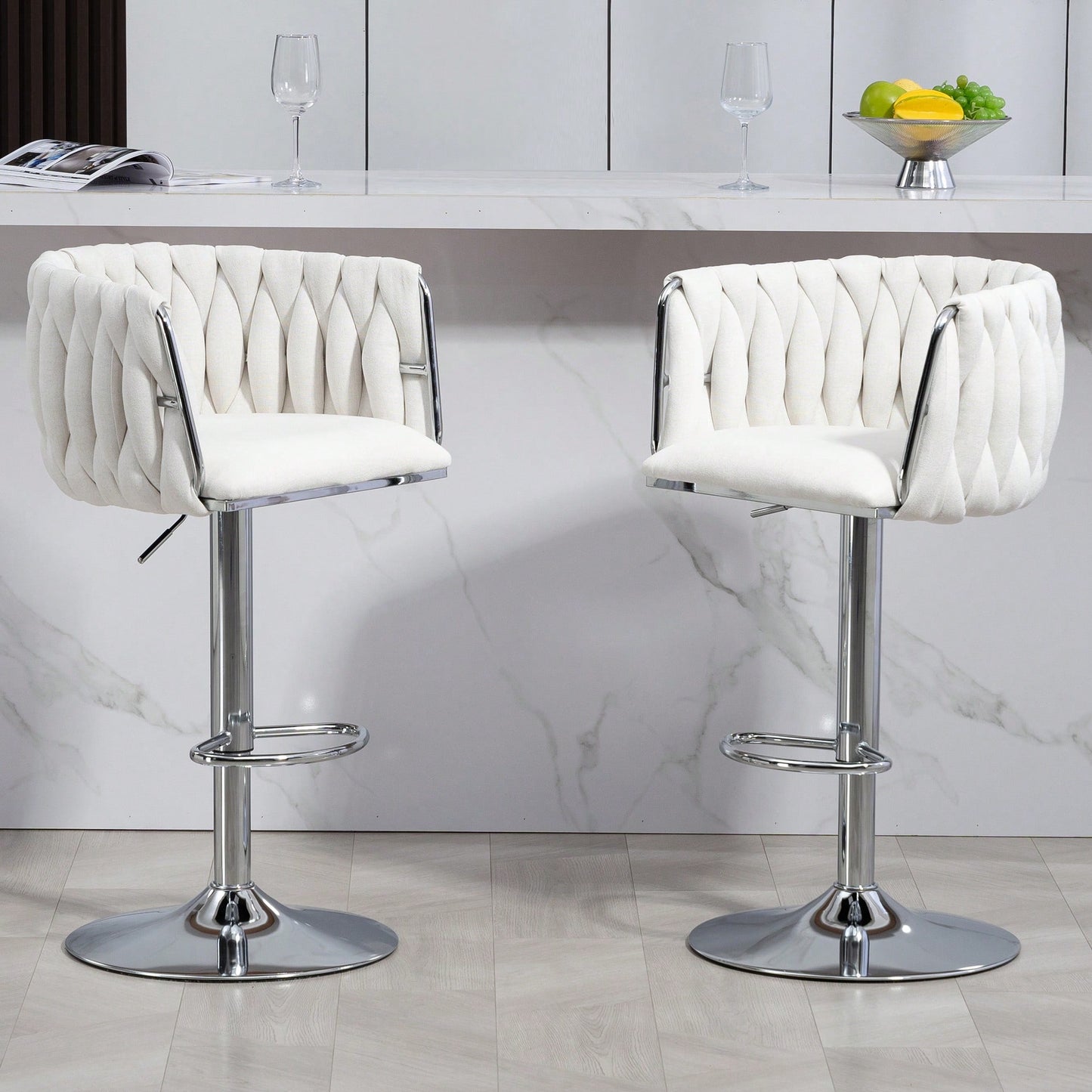 Adjustable 360° Swivel Bar Stools Set Of 2 With Woven Back And Footrest For Kitchen Island Cafe Pub Beige