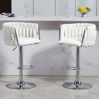 Adjustable 360° Swivel Bar Stools Set Of 2 With Woven Back And Footrest For Kitchen Island Cafe Pub Beige