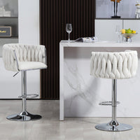 Adjustable 360° Swivel Bar Stools Set Of 2 With Woven Back And Footrest For Kitchen Island Cafe Pub Beige