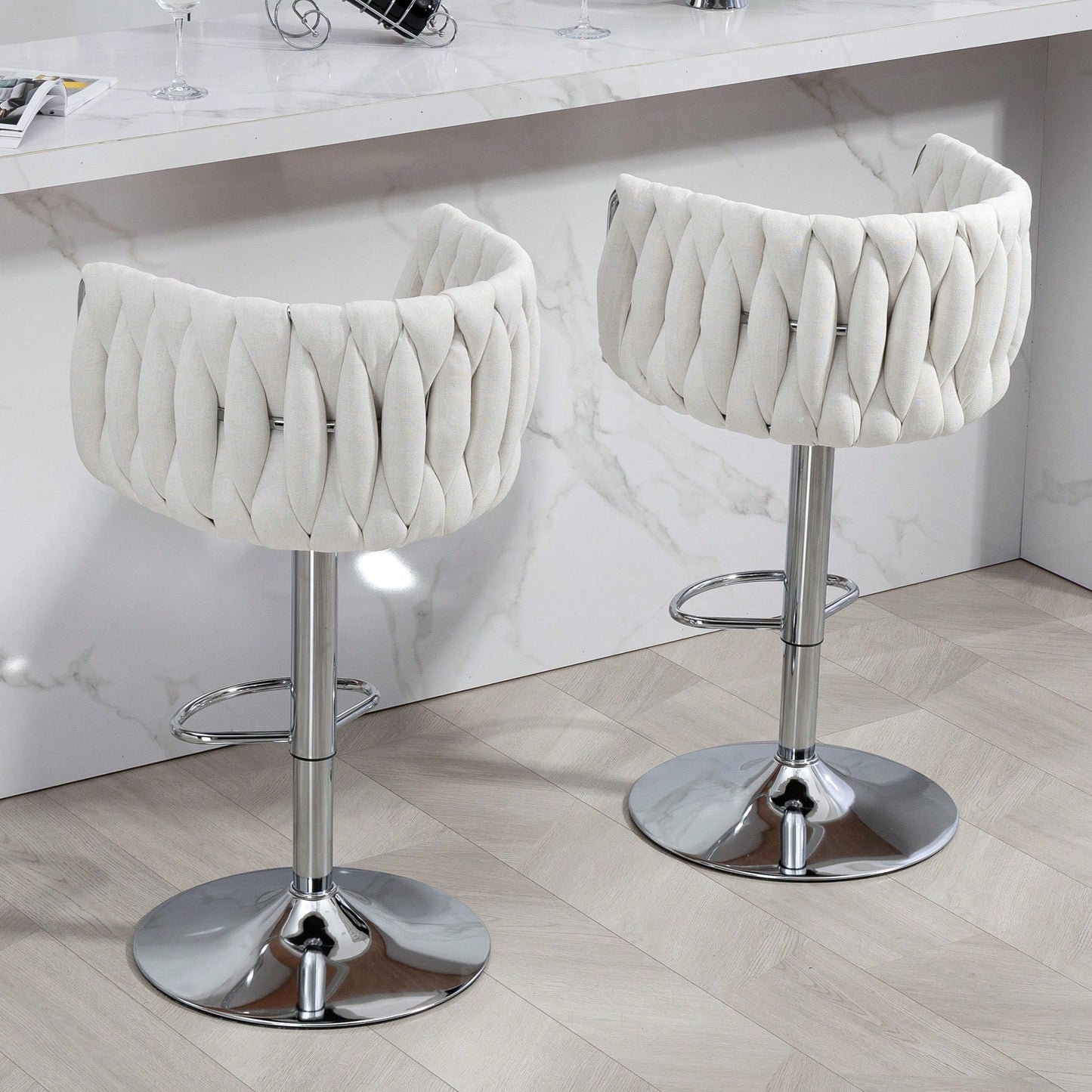 Adjustable 360° Swivel Bar Stools Set Of 2 With Woven Back And Footrest For Kitchen Island Cafe Pub Beige