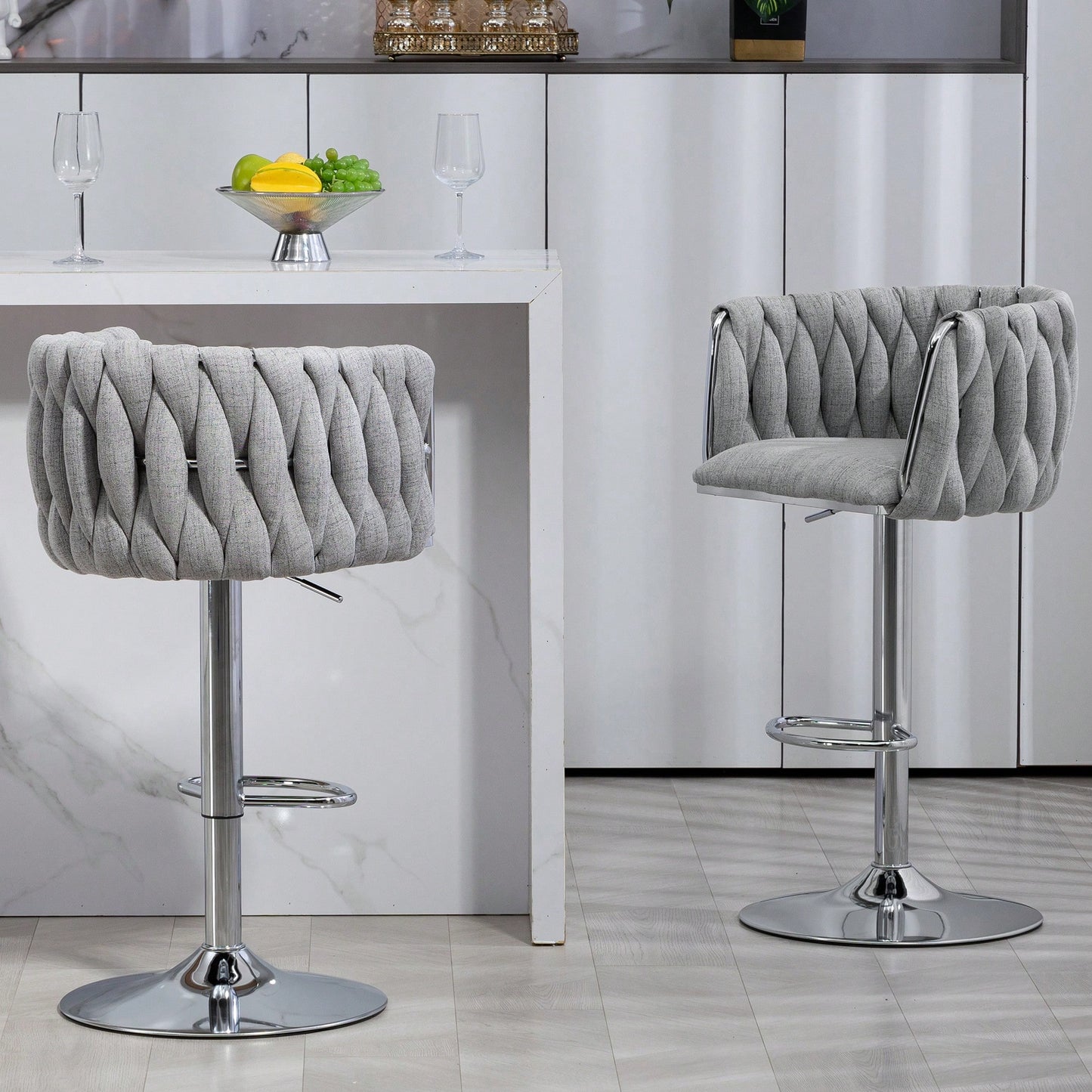 Adjustable 360° Swivel Bar Stools Set Of 2 With Woven Back And Footrest For Kitchen Island Cafe Pub Beige