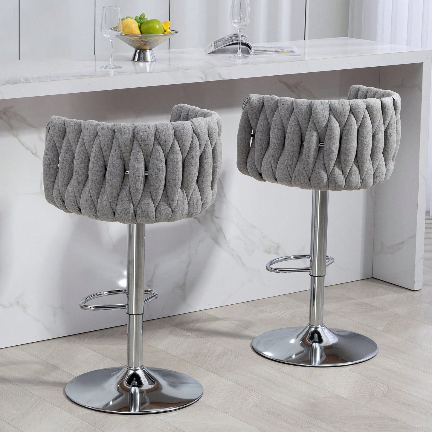 Adjustable 360° Swivel Bar Stools Set Of 2 With Woven Back And Footrest For Kitchen Island Cafe Pub Beige