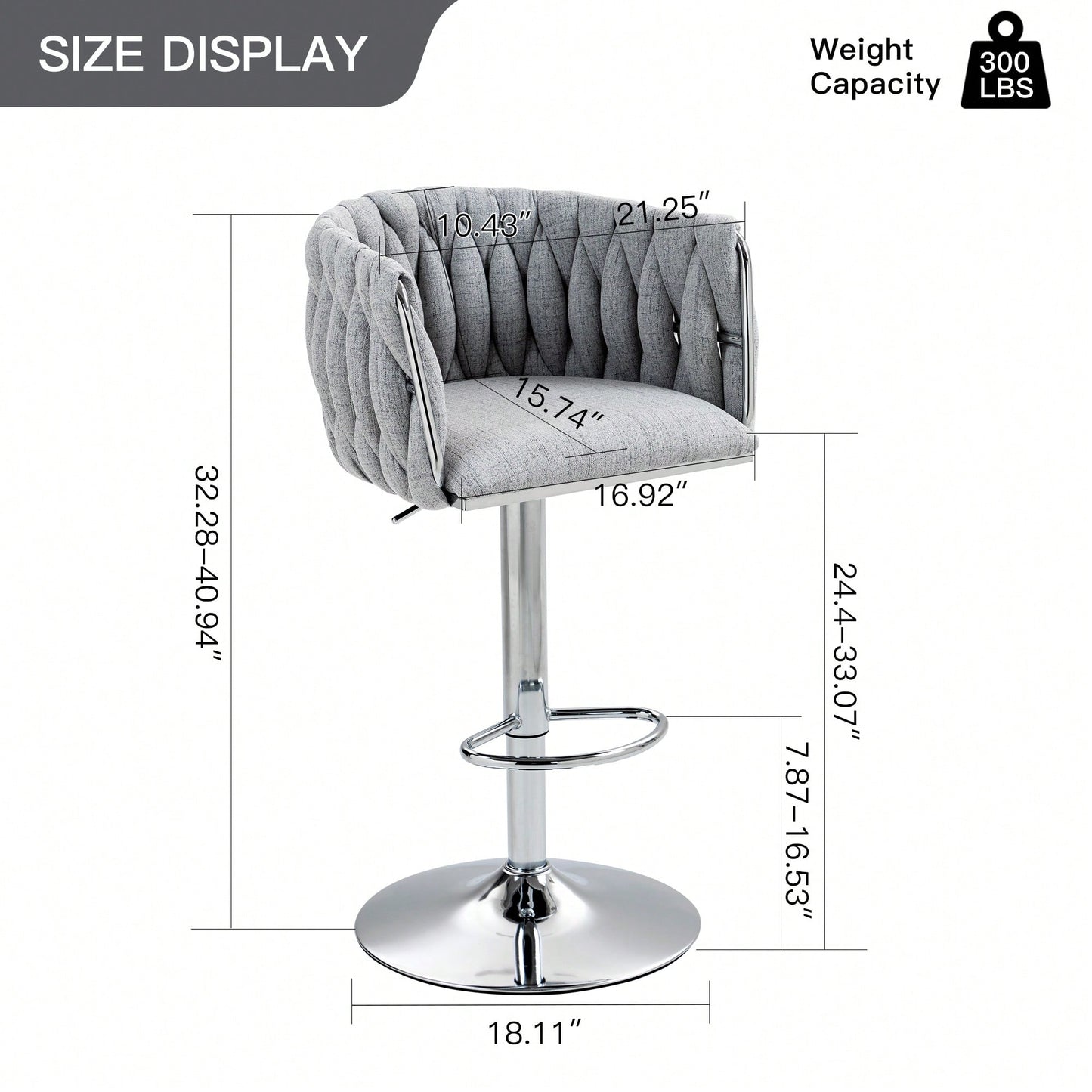 Adjustable 360° Swivel Bar Stools Set Of 2 With Woven Back And Footrest For Kitchen Island Cafe Pub Beige