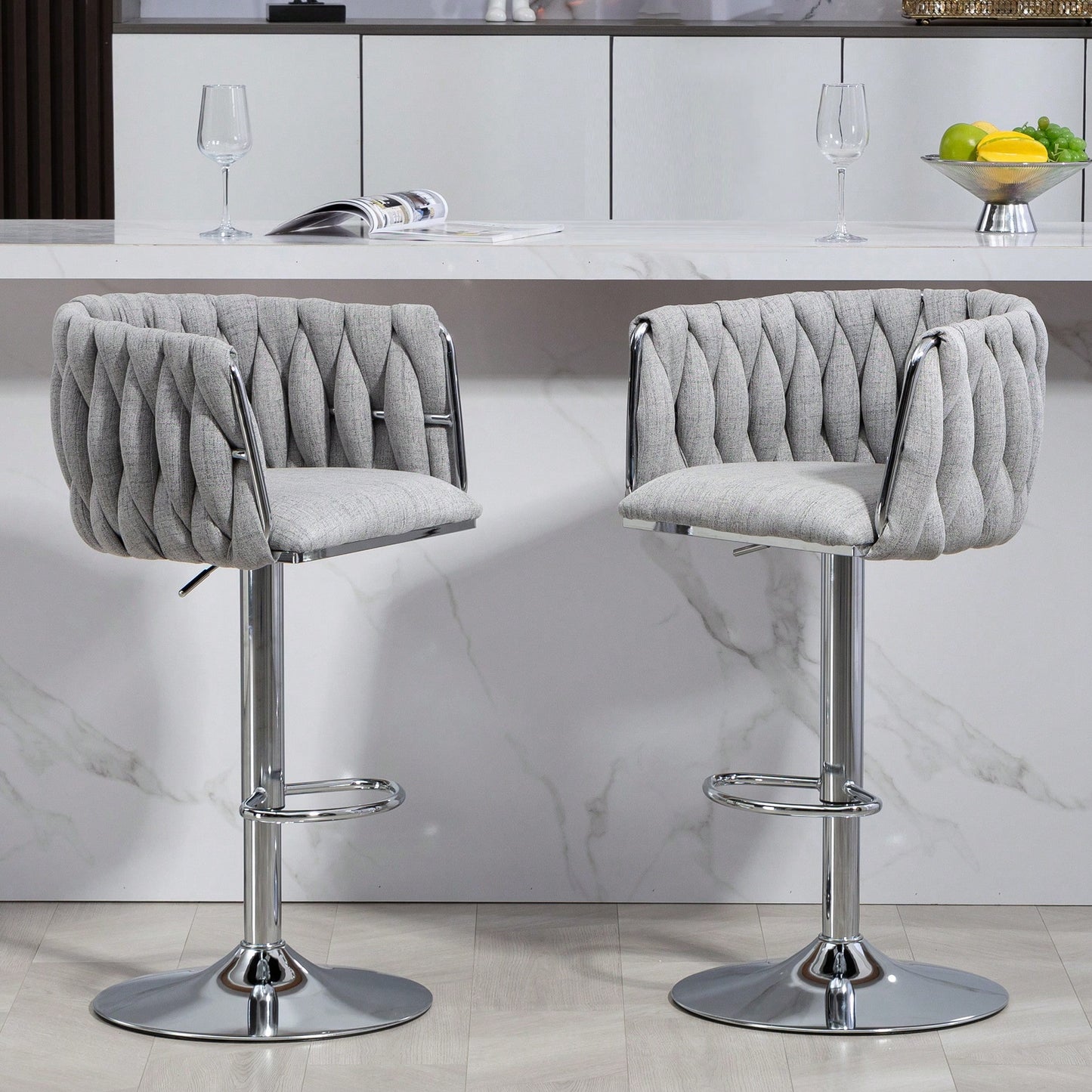 Adjustable 360° Swivel Bar Stools Set Of 2 With Woven Back And Footrest For Kitchen Island Cafe Pub Beige