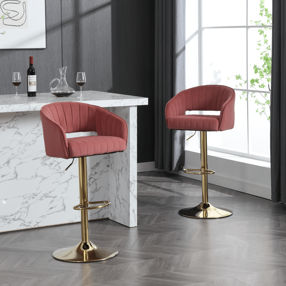 Elegant Velvet Bar Chair With Hollowed-Out Back And Armrests, Gold Cross-Legged Base, Height Adjustable