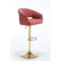 Elegant Velvet Bar Chair With Hollowed-Out Back And Armrests, Gold Cross-Legged Base, Height Adjustable
