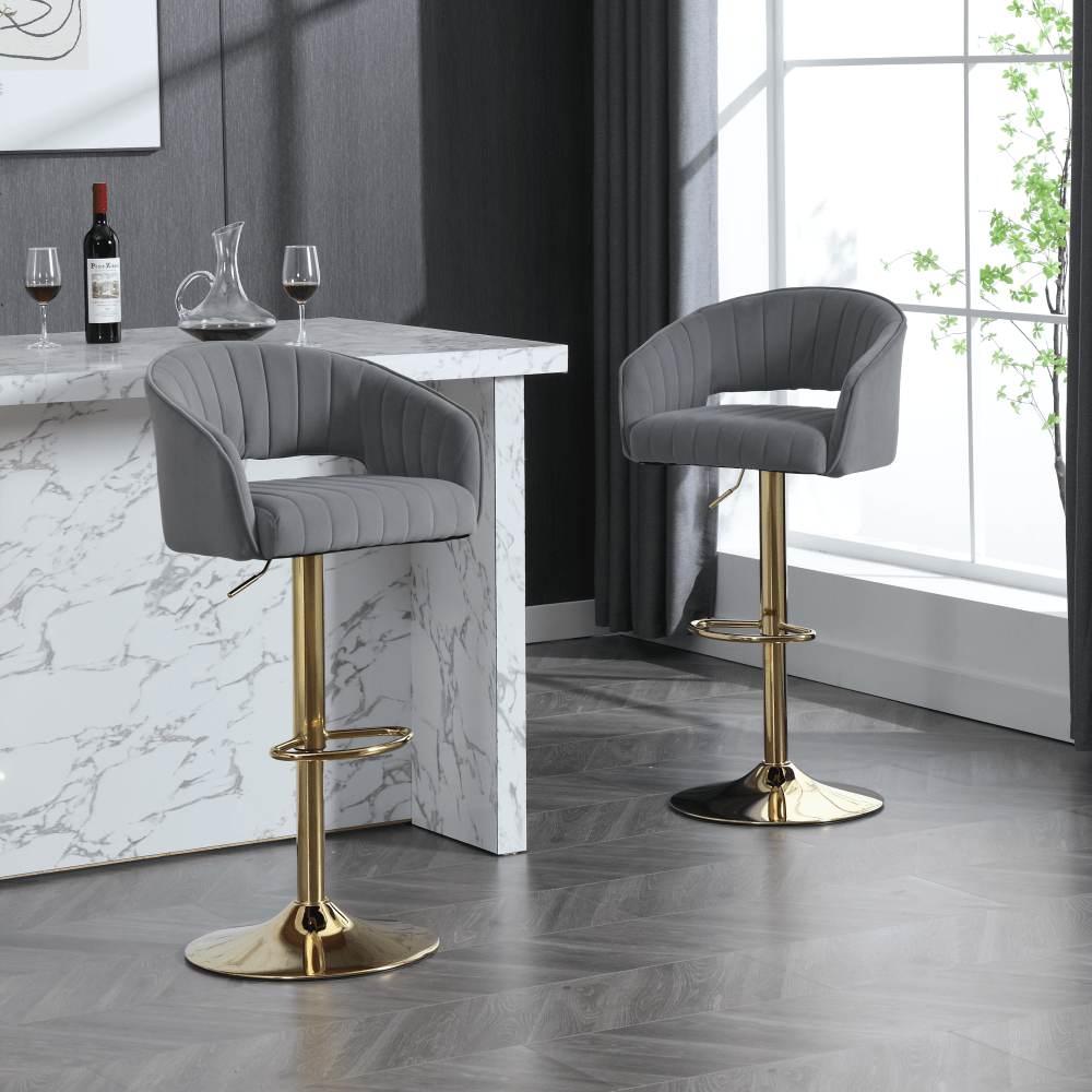 Elegant Velvet Bar Chair With Hollowed-Out Back And Armrests, Gold Cross-Legged Base, Height Adjustable